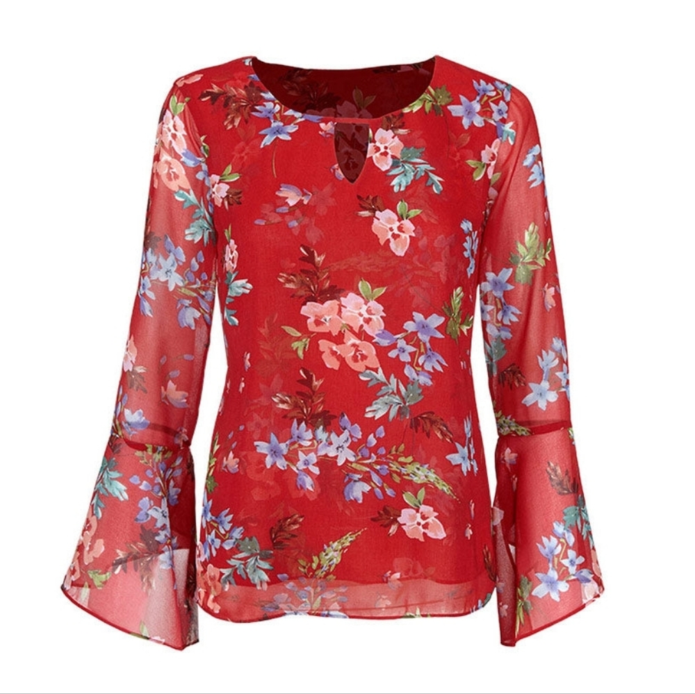 CAbi Devoted Blouse - Red Floral Bell-Sleeve Chiffon Top